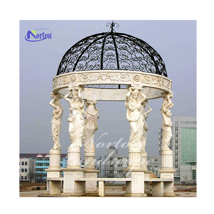 Outdoor garden decoration stone gazebos with woman statues large natural stone white marble gazebo for sale