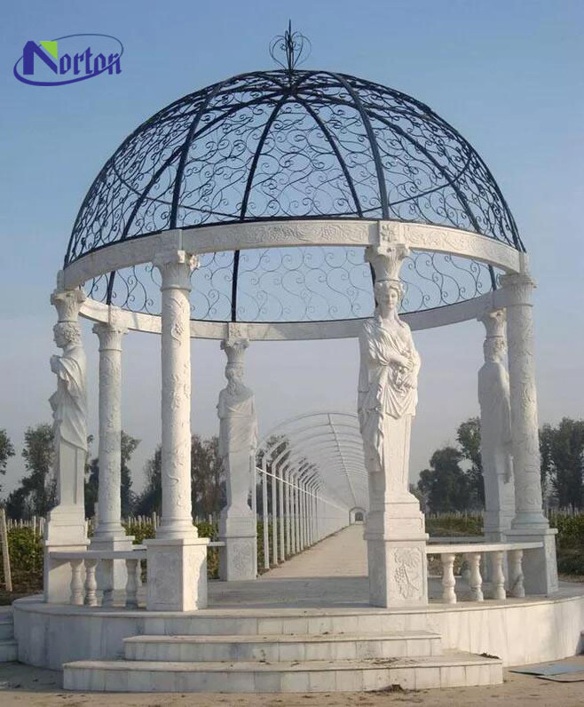 Outdoor garden decoration stone gazebos with woman statues large natural stone white marble gazebo for sale