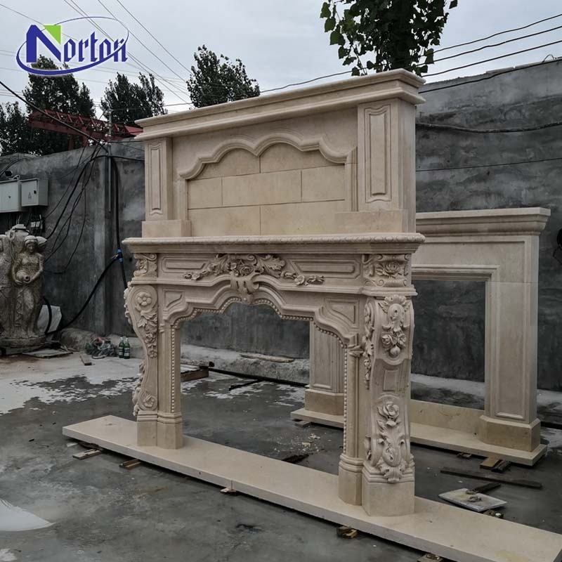 European style carved natural travertine indoor marble fireplace surround / beige stone fireplace for sale