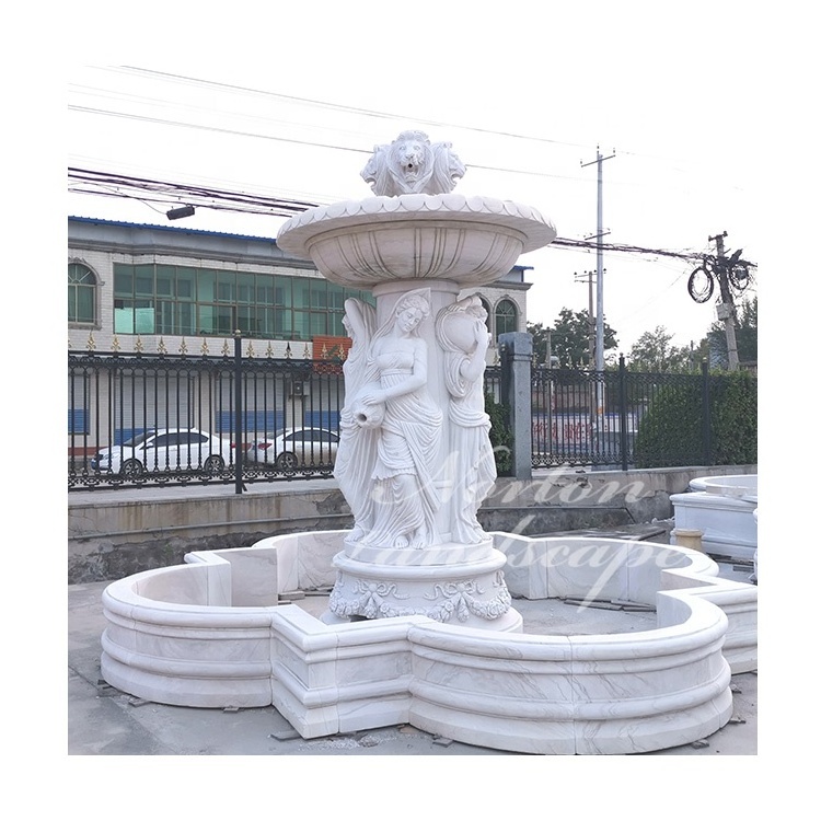 Custom garden decorative large natural stone 4-tiers marble stone lion statues water fountain