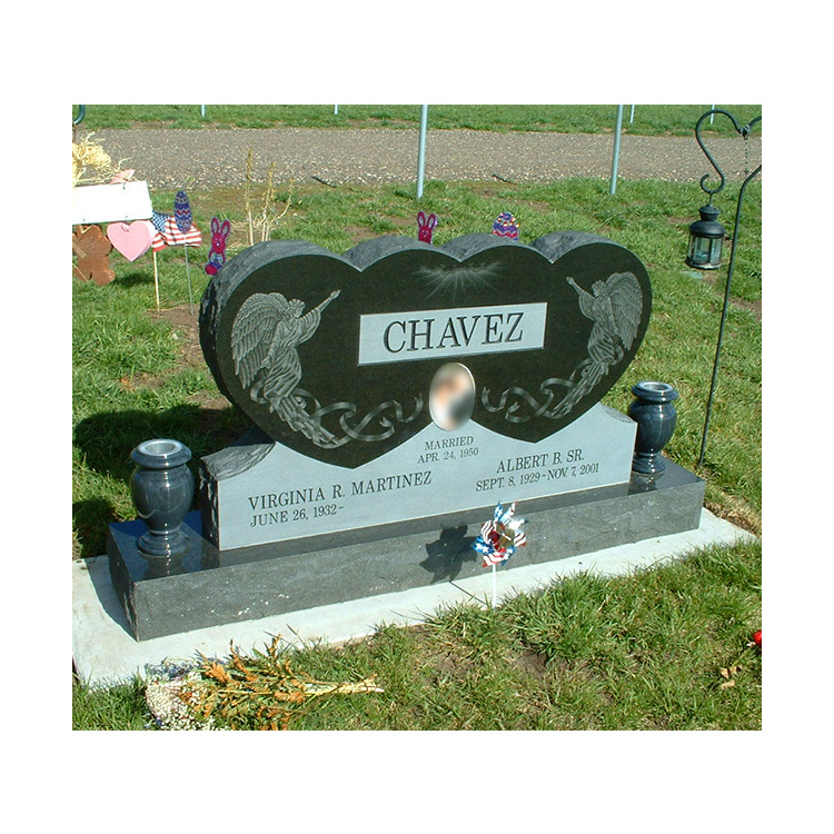 High Quality European Style Double Heart Black Granite Marble Tombstone Headstone