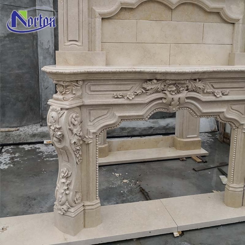 European style carved natural travertine indoor marble fireplace surround / beige stone fireplace for sale