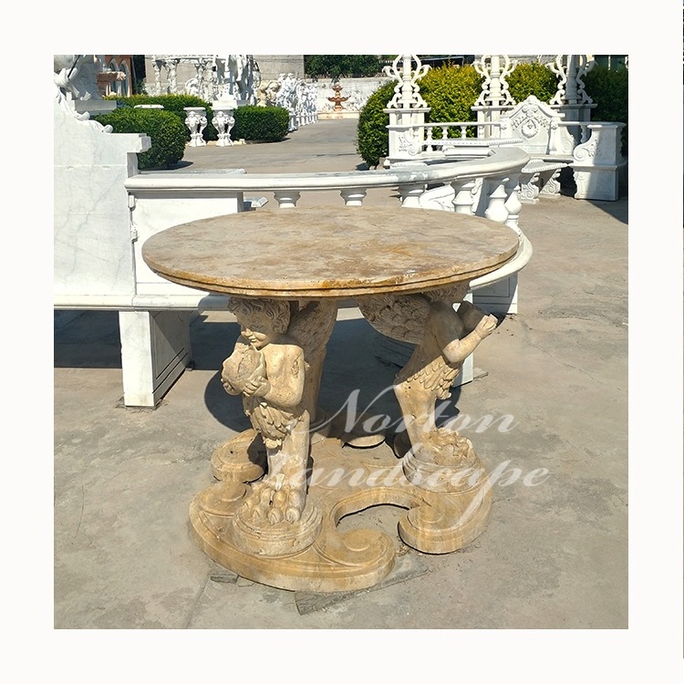 Home Used European Style Antique Granite Limestone Round Marble Cherub Statues Coffee Table For Sale