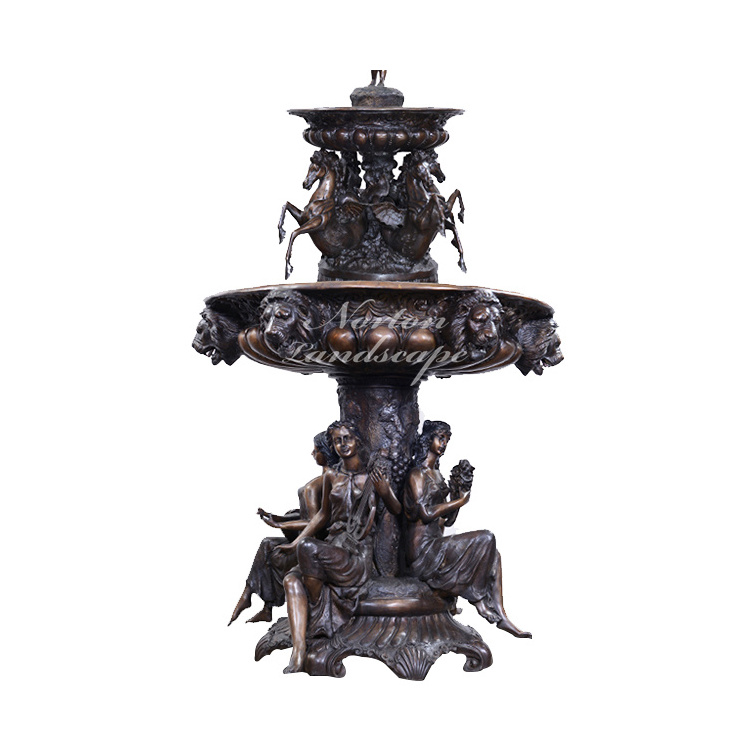 Outdoor garden decor antique metal fountain large size brass bronze fountain with woman and horse statues