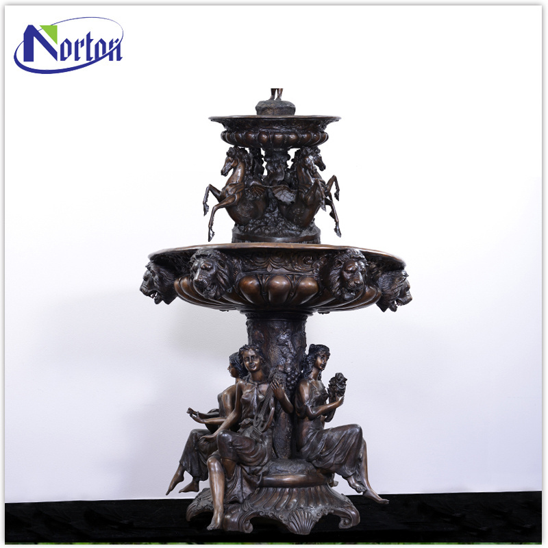 Outdoor garden decor antique metal fountain large size brass bronze fountain with woman and horse statues