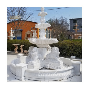 Custom garden decorative large natural stone 4-tiers marble stone lion statues water fountain