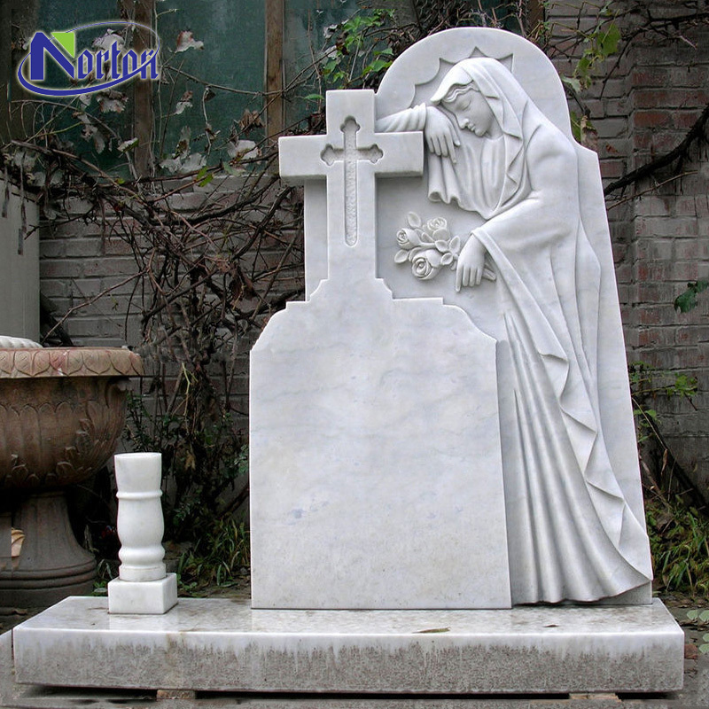 Hand carved religious stone carving cross woman statue headstones white marble tombstone NTST-006Y