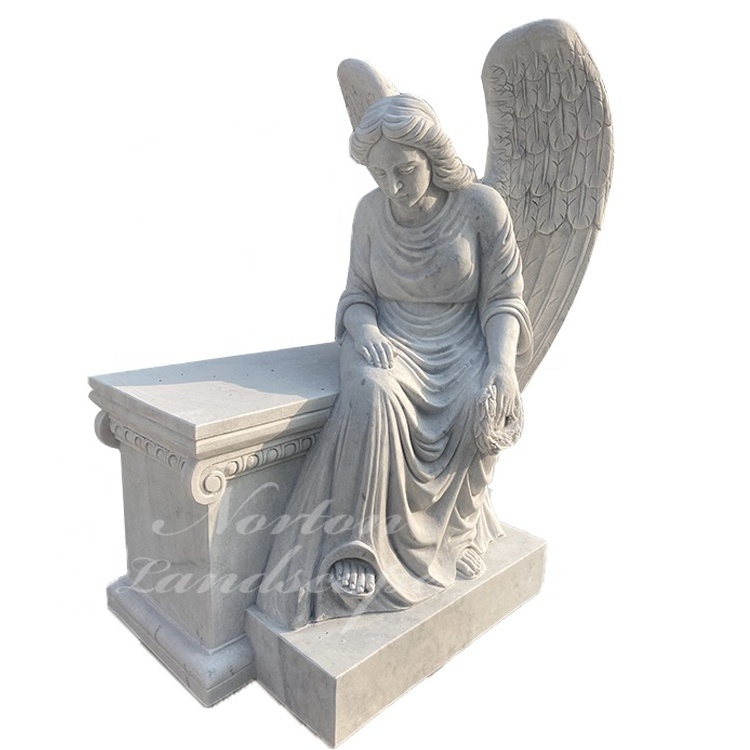 Custom modern white granite gravestone headstone angel with wings statue marble tombstone