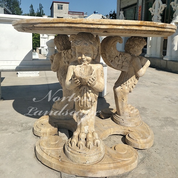 Home Used European Style Antique Granite Limestone Round Marble Cherub Statues Coffee Table For Sale