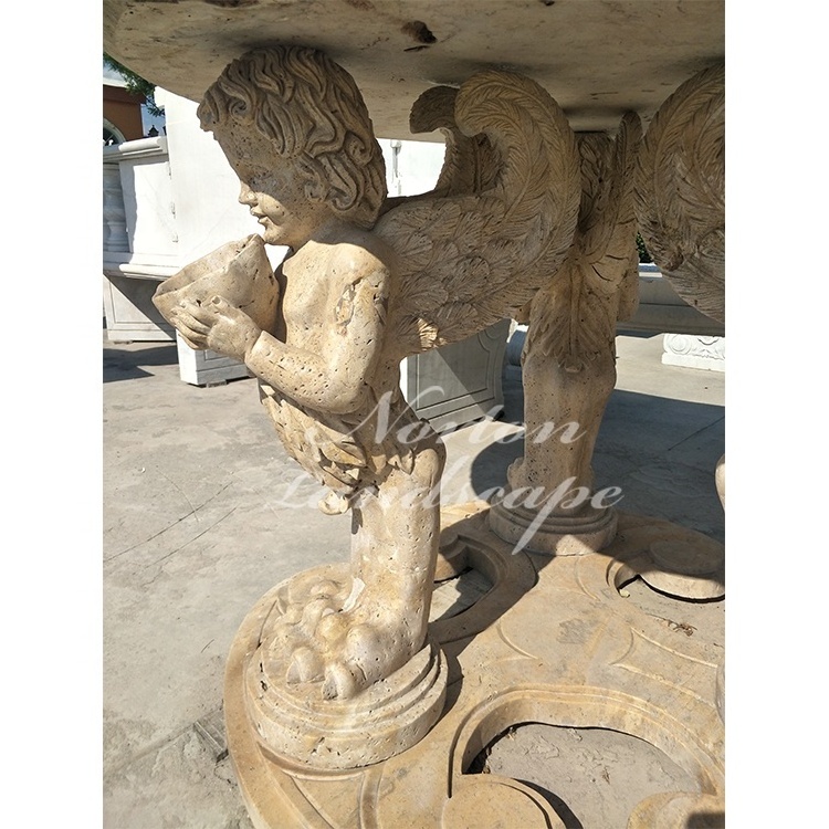 Home Used European Style Antique Granite Limestone Round Marble Cherub Statues Coffee Table For Sale