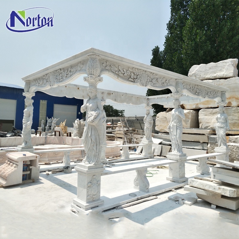 Western style custom fine carving wedding outdoor garden stone gazebo large white marble gazebos with ladies column