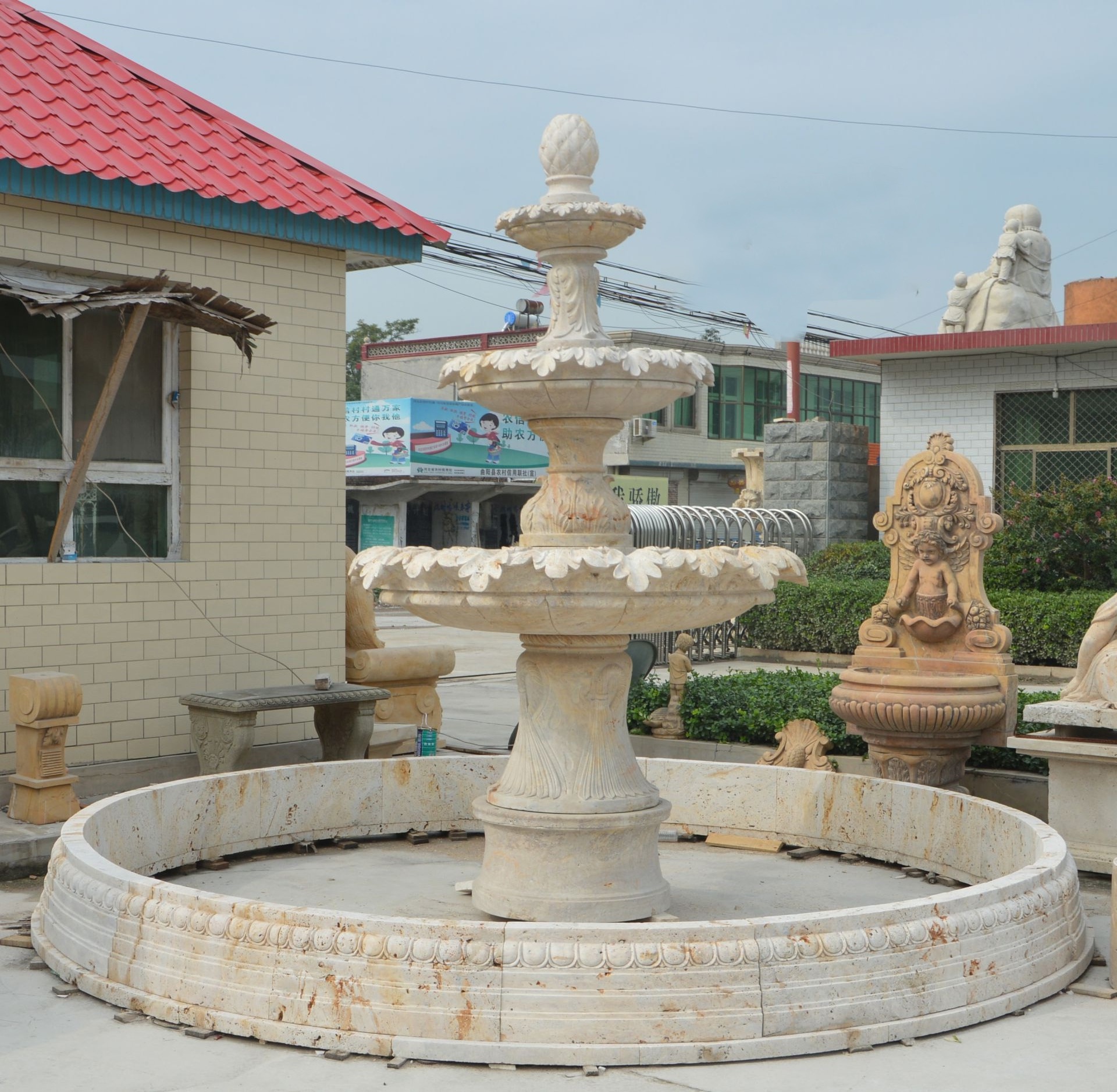 Custom garden decorative large natural stone 4-tiers marble stone lion statues water fountain