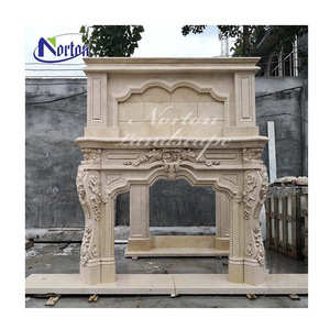 European style carved natural travertine indoor marble fireplace surround / beige stone fireplace for sale