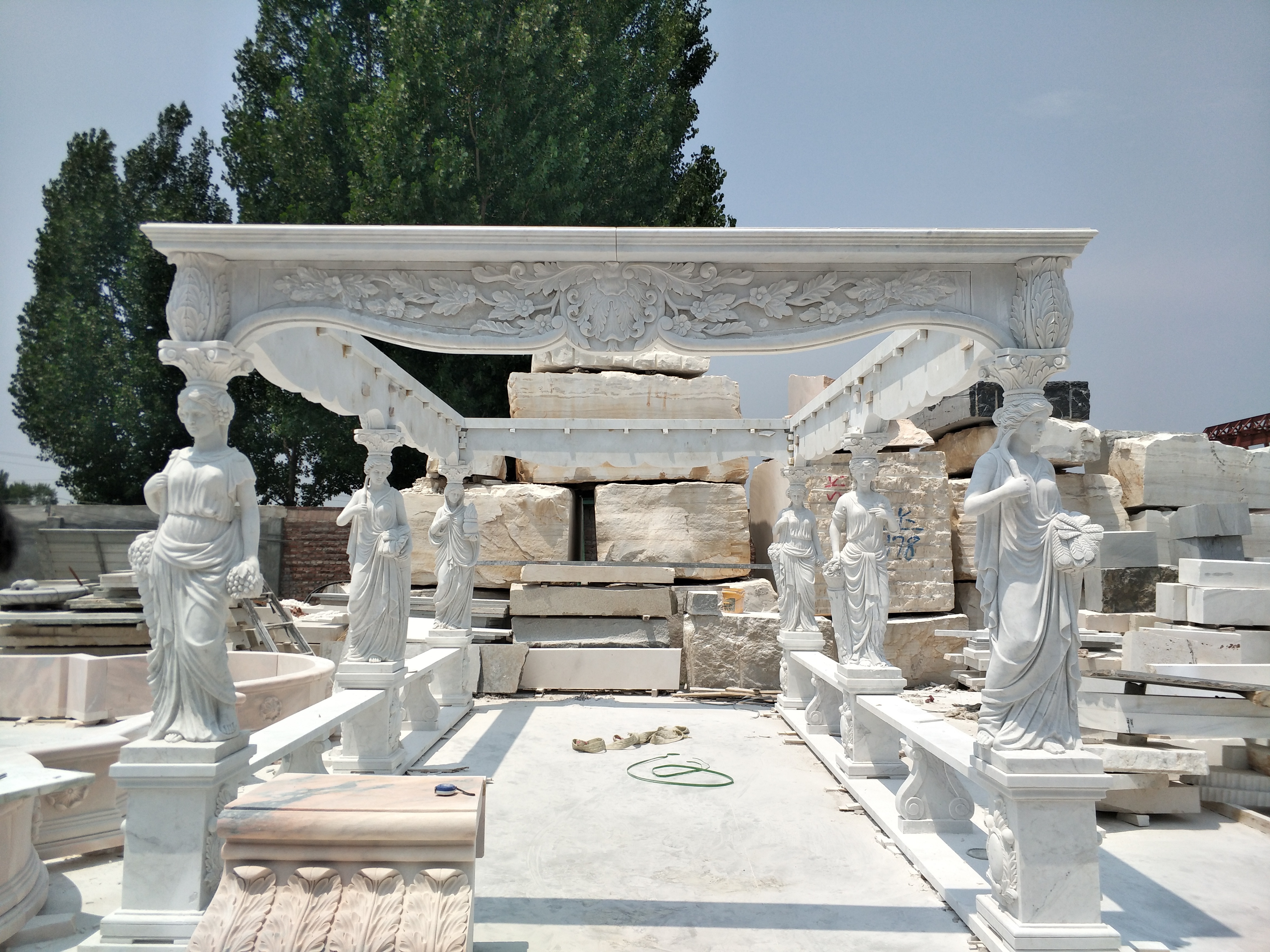 Western style custom fine carving wedding outdoor garden stone gazebo large white marble gazebos with ladies column