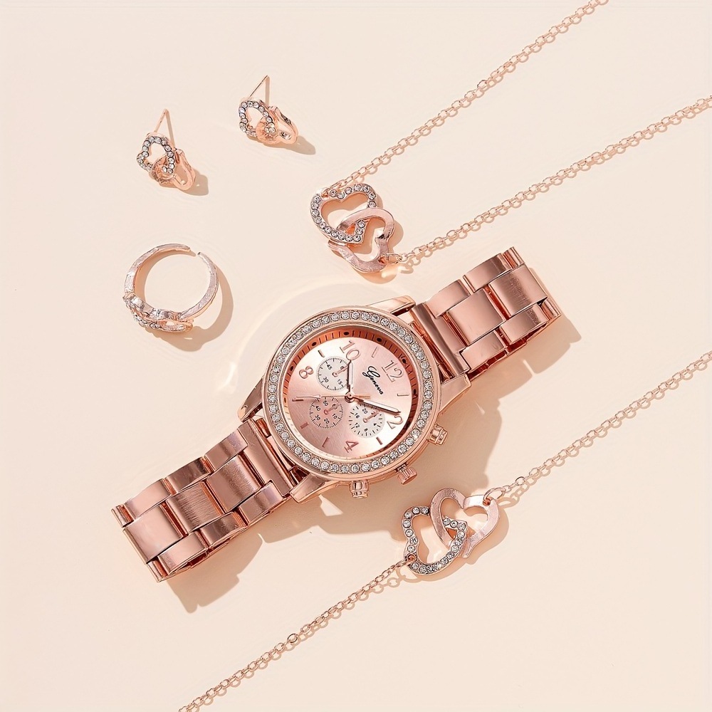 Fashion Luxury Full Crystal 5Pcs Watch Set Diamond Necklace Earrings set Jewelry for Women Gift five-piece bracelet watch set