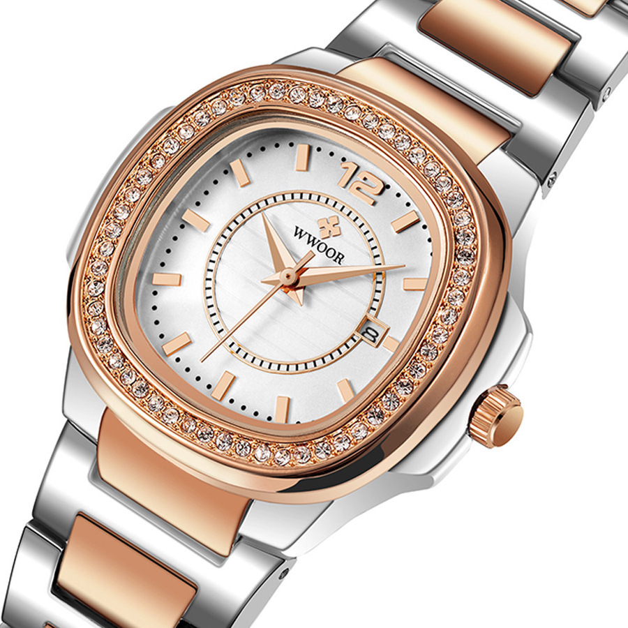 Wwoor Quartz Watches Rose Gold Women Watch Stainless Steel Band Luxury Crystal Small Dial Women Wristwatch Reloj de mujer