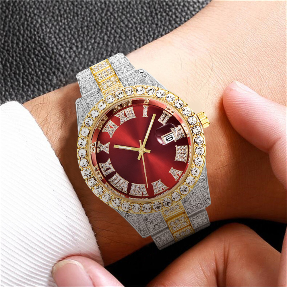 Stainless steel men's watches with large rhinestones and diamonds, Roman scale calendar, gold green full diamond watch