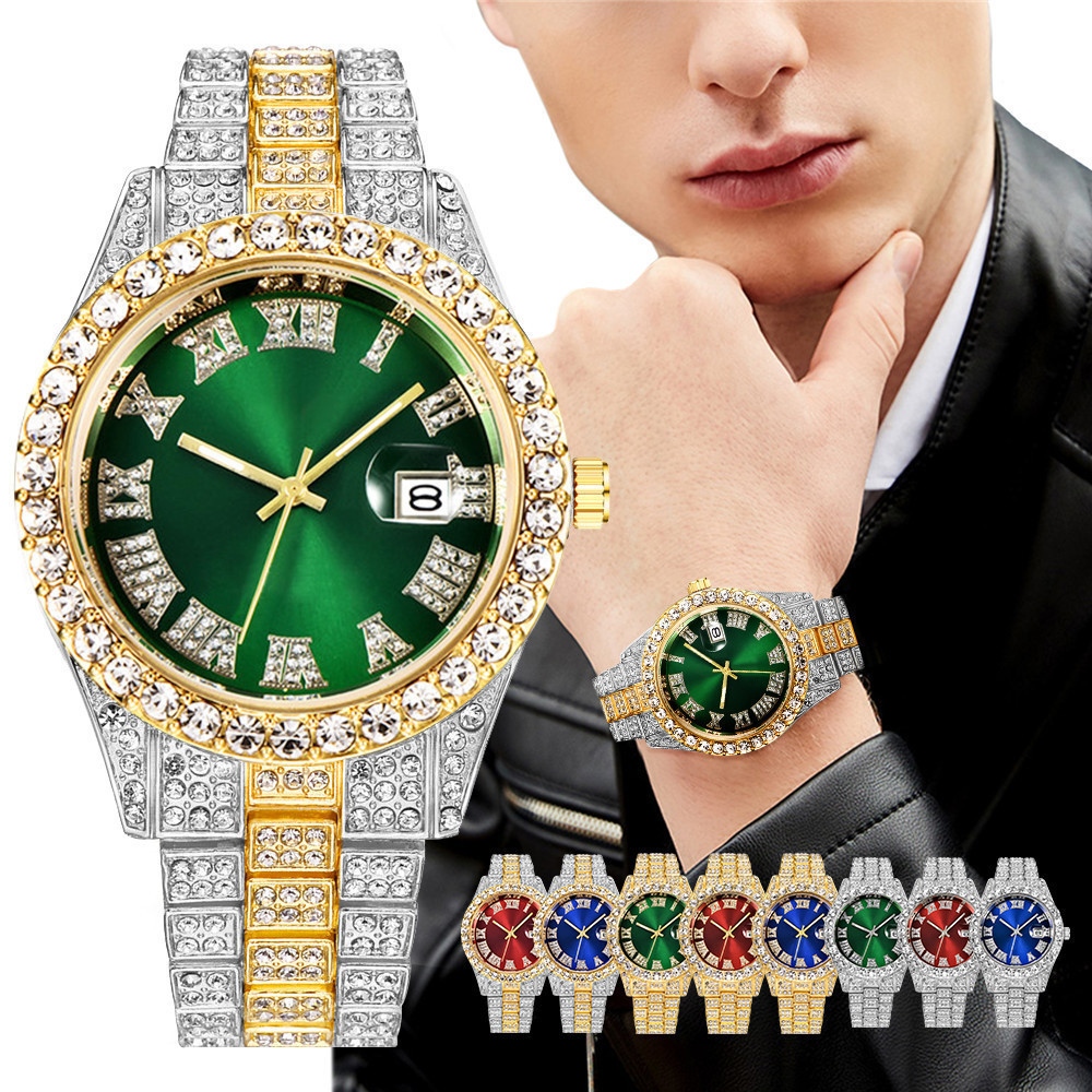 Stainless steel men's watches with large rhinestones and diamonds, Roman scale calendar, gold green full diamond watch