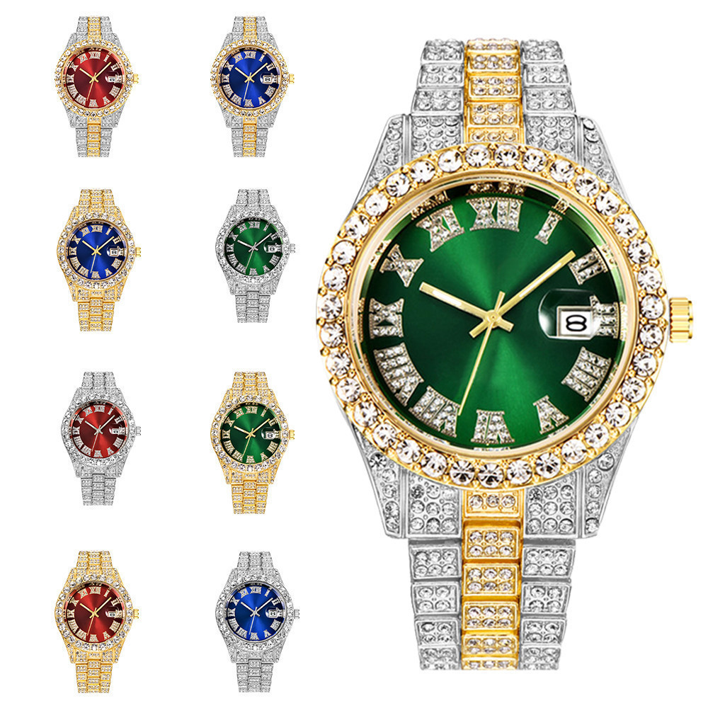 Stainless steel men's watches with large rhinestones and diamonds, Roman scale calendar, gold green full diamond watch