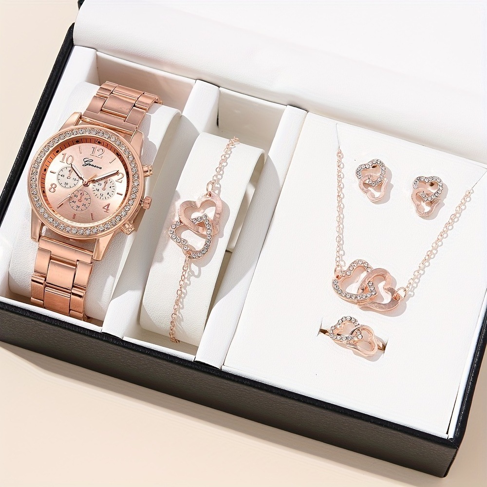 Fashion Luxury Full Crystal 5Pcs Watch Set Diamond Necklace Earrings set Jewelry for Women Gift five-piece bracelet watch set