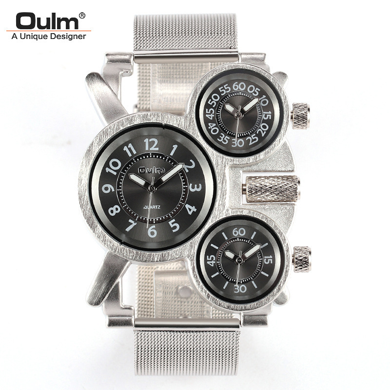 Oulm 1167 Mens Top Brand Watches Multi-Function 3-Movt Quartz Steel Wrist Watch