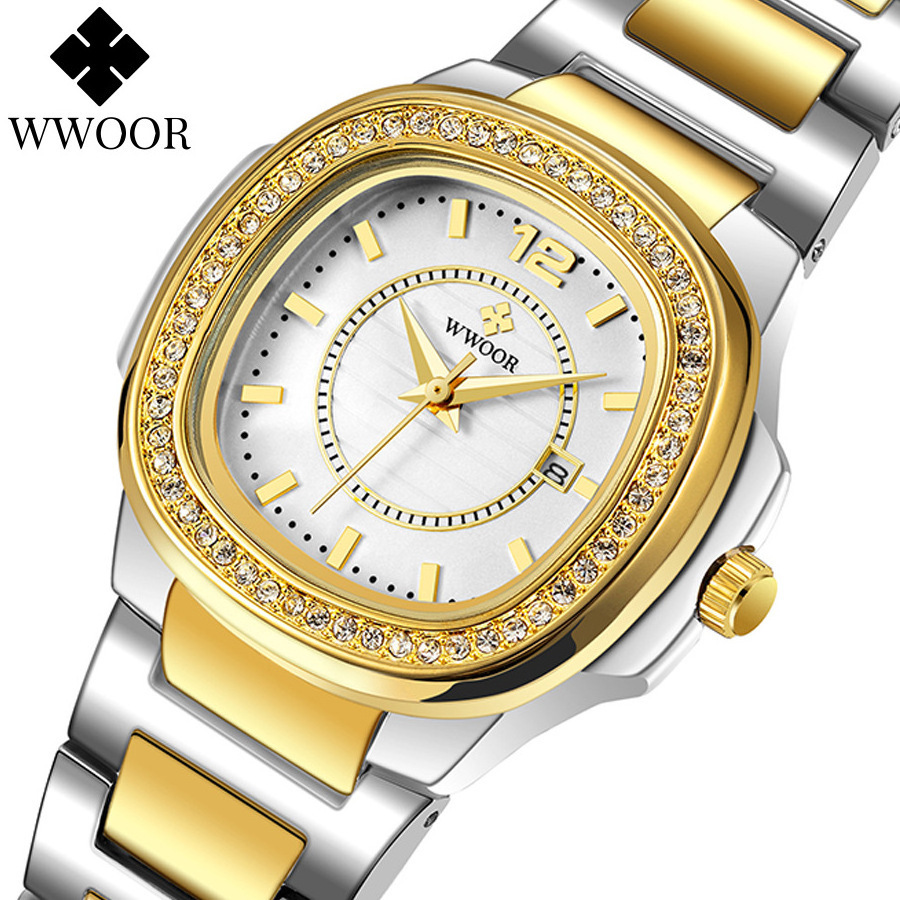 Wwoor Quartz Watches Rose Gold Women Watch Stainless Steel Band Luxury Crystal Small Dial Women Wristwatch Reloj de mujer