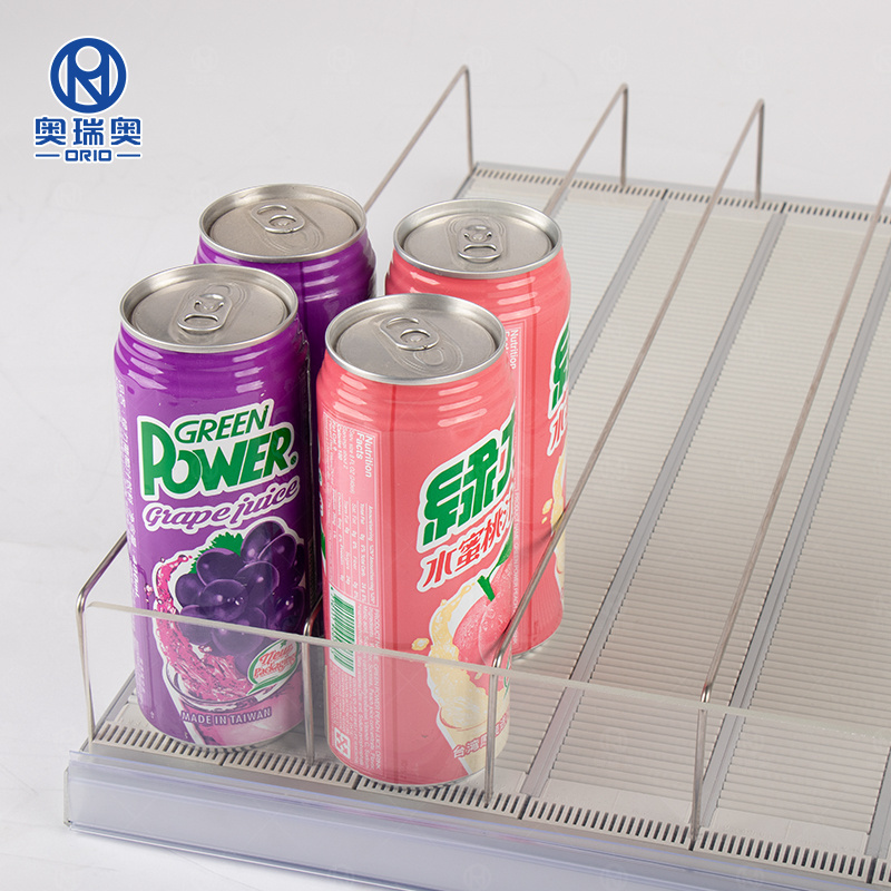 Customized front sliding smart roller shelf shelf dividers gravity feed display rack plastic beverages roller shelves