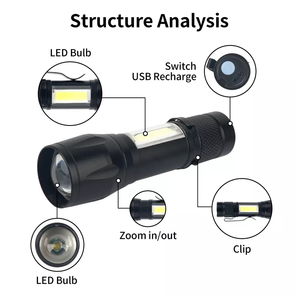 RTS portable aluminum flashlight stretch zoom flashlight with clip Led rechargeable light for camping hunting  flashlight