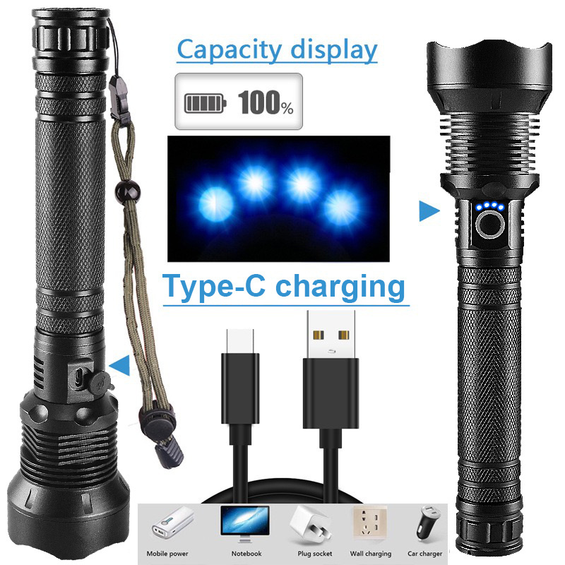 AT camping tactical flashlight with usb  long range powerful high lumens 100000 waterproof rechargeable led torches flashlight