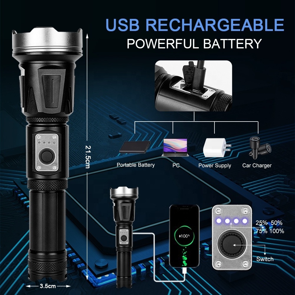 RTS Most Powerful Flash Light 4 gear power display 5 Modes Usb Zoom Led Torch 18650 or 26650 Battery Emergency Lights flashlight