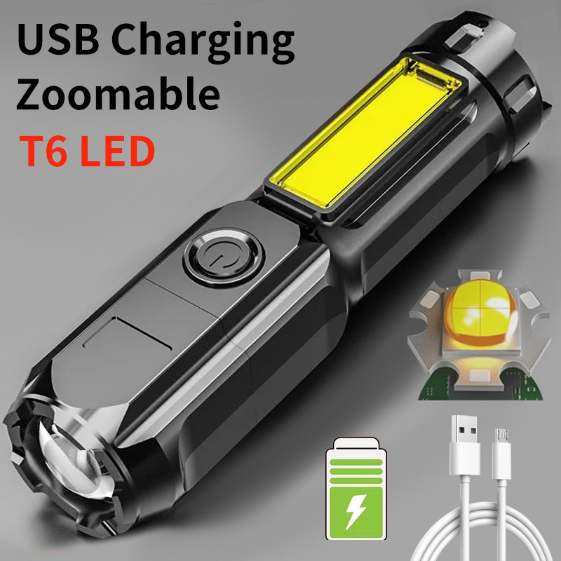 RTS Super Bright Zoomable Waterproof Torch with COB Slide Floodlight Camping Emergency USB Rechargeable Flashlight