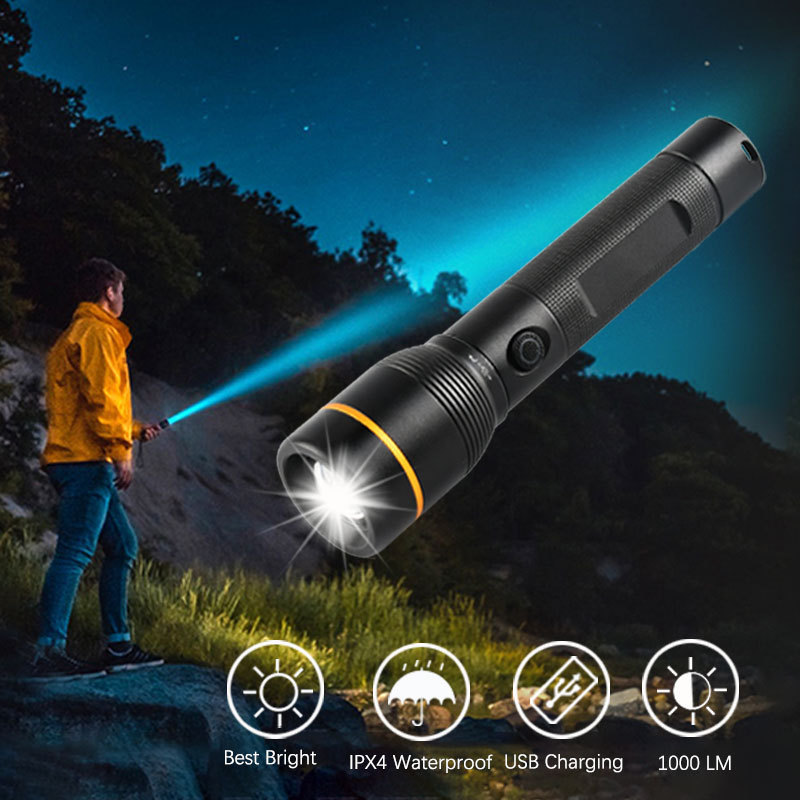 RTS portable zoom flashlight 5 mode Type-C USB Rechargeable Battery High Lumen Powerful LED Flashlights & Torches