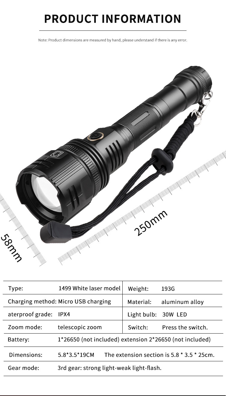 RTS XPH 90 rechargeable zoom detachable flashlight 30W LED white laser long-range telescopic zoom flashlight