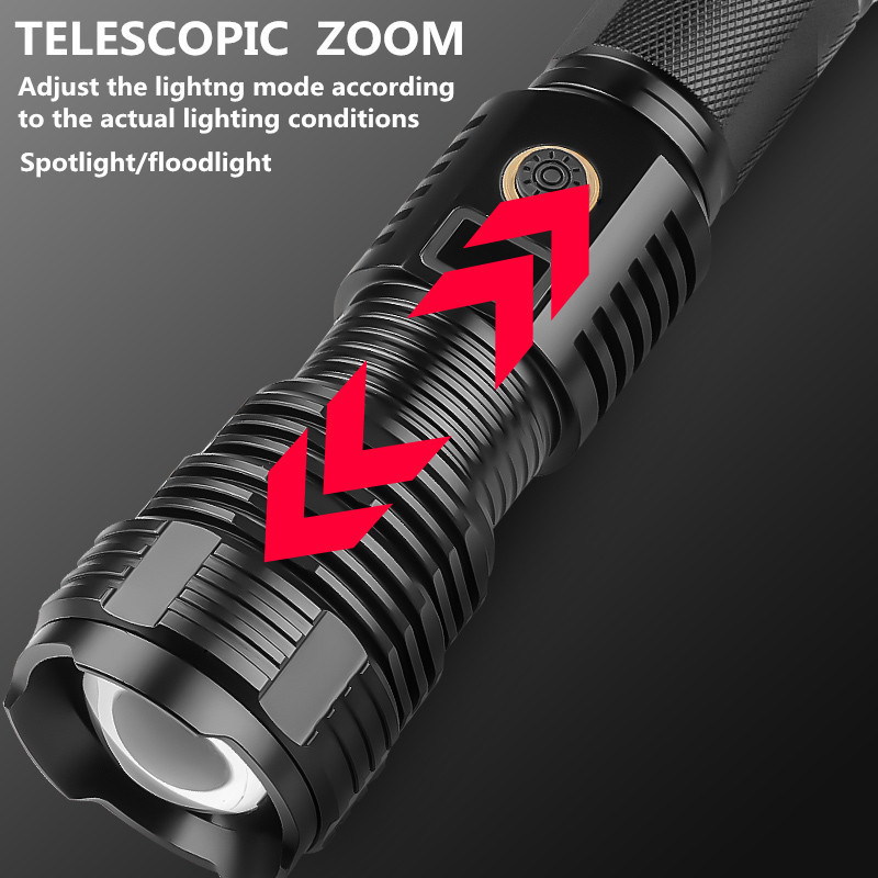 High Power XHP70 LED Flashlight Super Bright Spotlight Long Range Zoomable Power Display Emergency Torch Flashlight