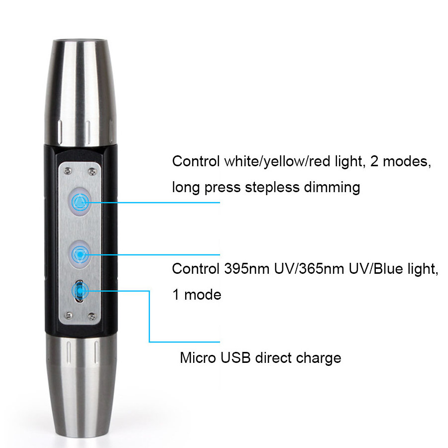 RTS 365nm 395nm UV LED Jade Detection Flashlight with four core Purple Yellow white Usb Rechargeable Torch