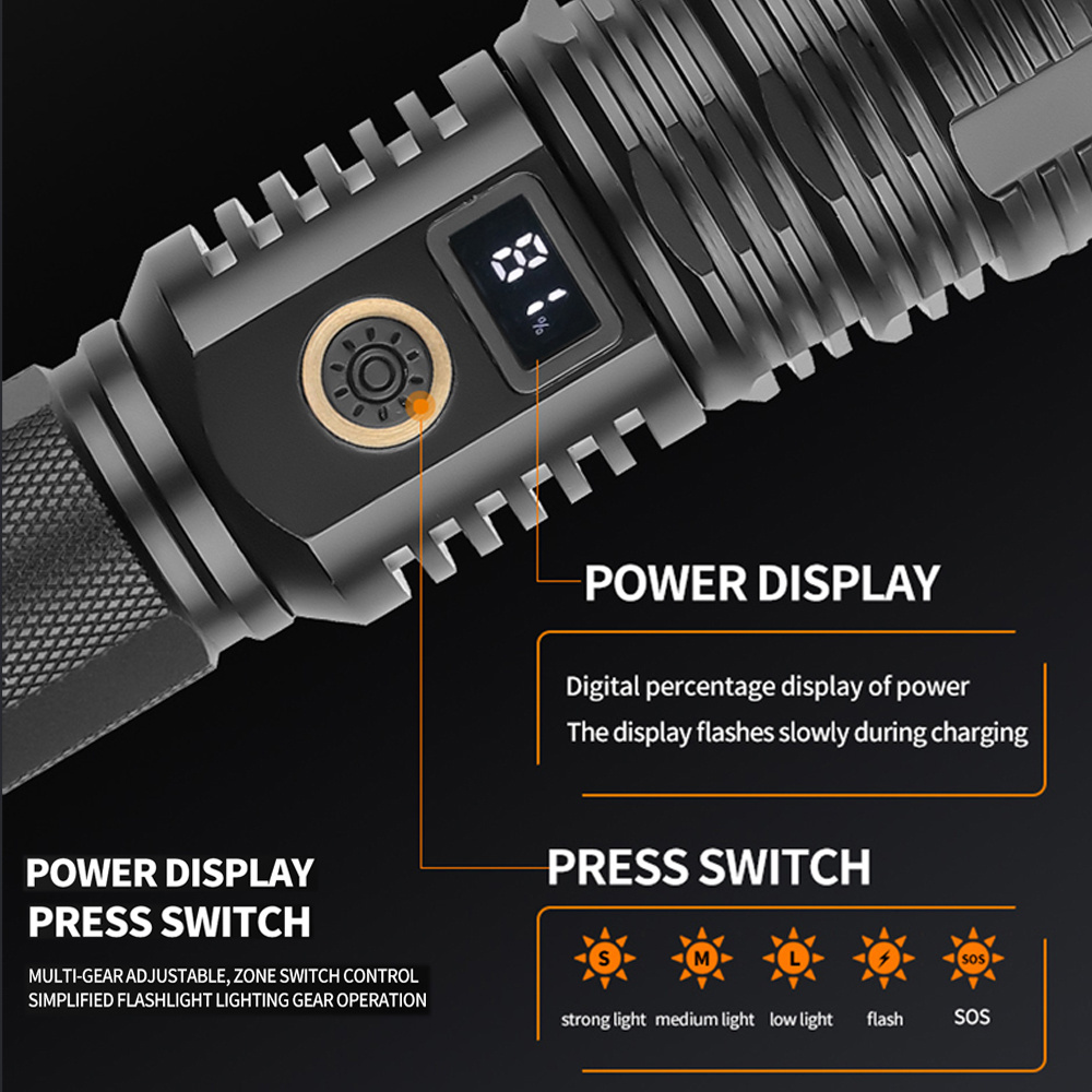 High Power XHP70 LED Flashlight Super Bright Spotlight Long Range Zoomable Power Display Emergency Torch Flashlight