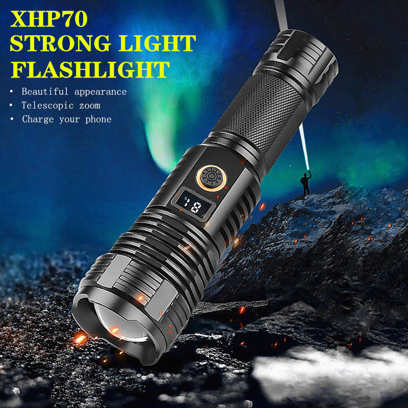 High Power XHP70 LED Flashlight Super Bright Spotlight Long Range Zoomable Power Display Emergency Torch Flashlight