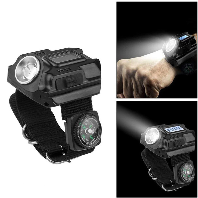 Multifunctional Rechargeable Led Watch Wrist Light Waterproof Outdoor Climbing Emergency Wrist Tactical Flashlight With Compass