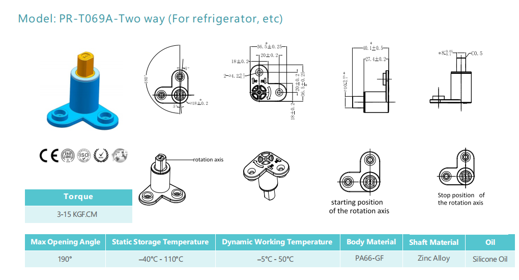 Peir PR-T069A bidirectional soft opening part rotational damper for refrigerator