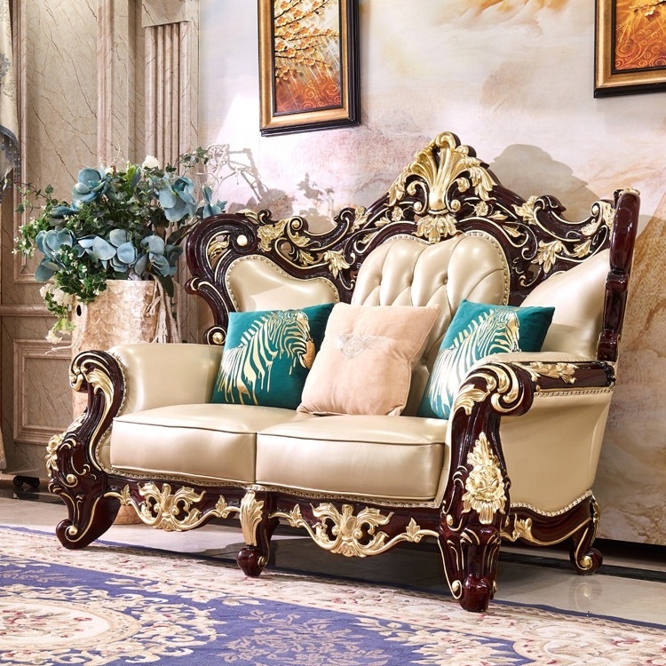 European Style Living Room Genuine Leather Sofa Sets Classical Design 3+2+1