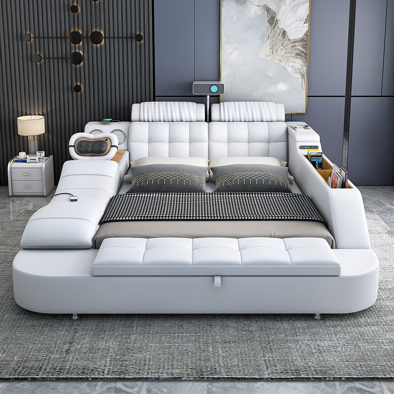 Hot Sale Modern King Full Single Designer Luxury  Upholstered Leather Multifunctional Smart Bed with Massage and Projector Bed