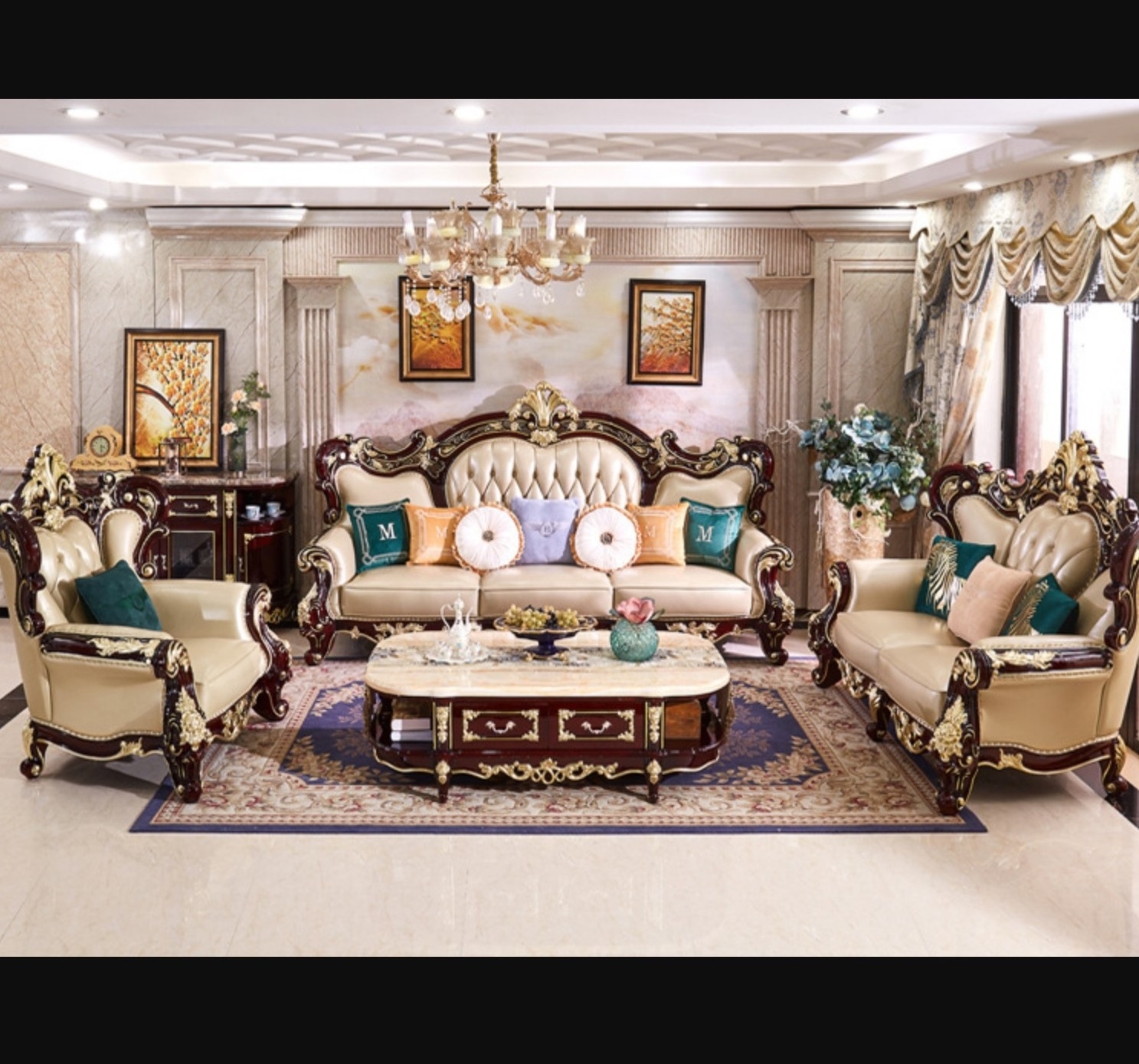 European Style Living Room Genuine Leather Sofa Sets Classical Design 3+2+1