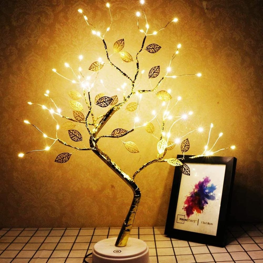 Christmas USB Battery Powered Touch Switch Tabletop Decorative Copper Wire 36 LED Fairy Artificial Bonsai Tree Lights With Leaf