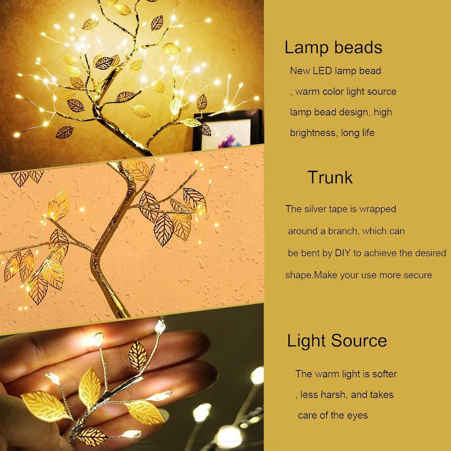 Christmas USB Battery Powered Touch Switch Tabletop Decorative Copper Wire 36 LED Fairy Artificial Bonsai Tree Lights With Leaf