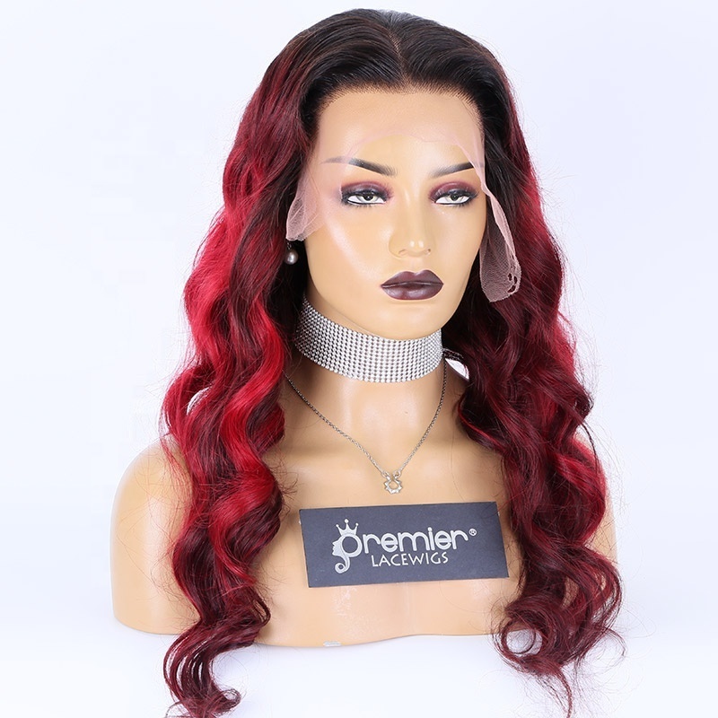 Ombre red color human hair wig 14 inch to 32 inch hd lace 13X4 lace front wig wavy brazilian human hair wigs