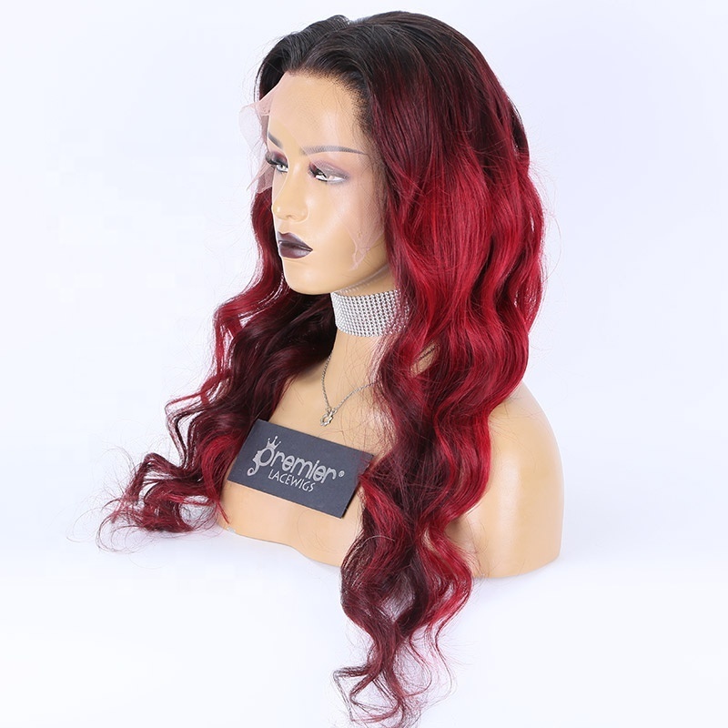 Ombre red color human hair wig 14 inch to 32 inch hd lace 13X4 lace front wig wavy brazilian human hair wigs