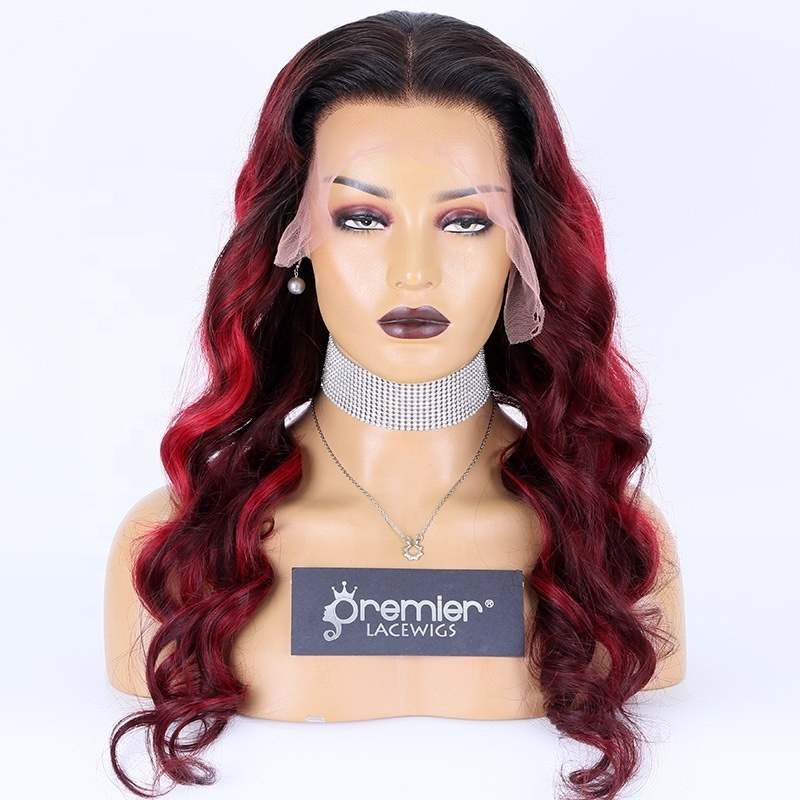 Ombre red color human hair wig 14 inch to 32 inch hd lace 13X4 lace front wig wavy brazilian human hair wigs