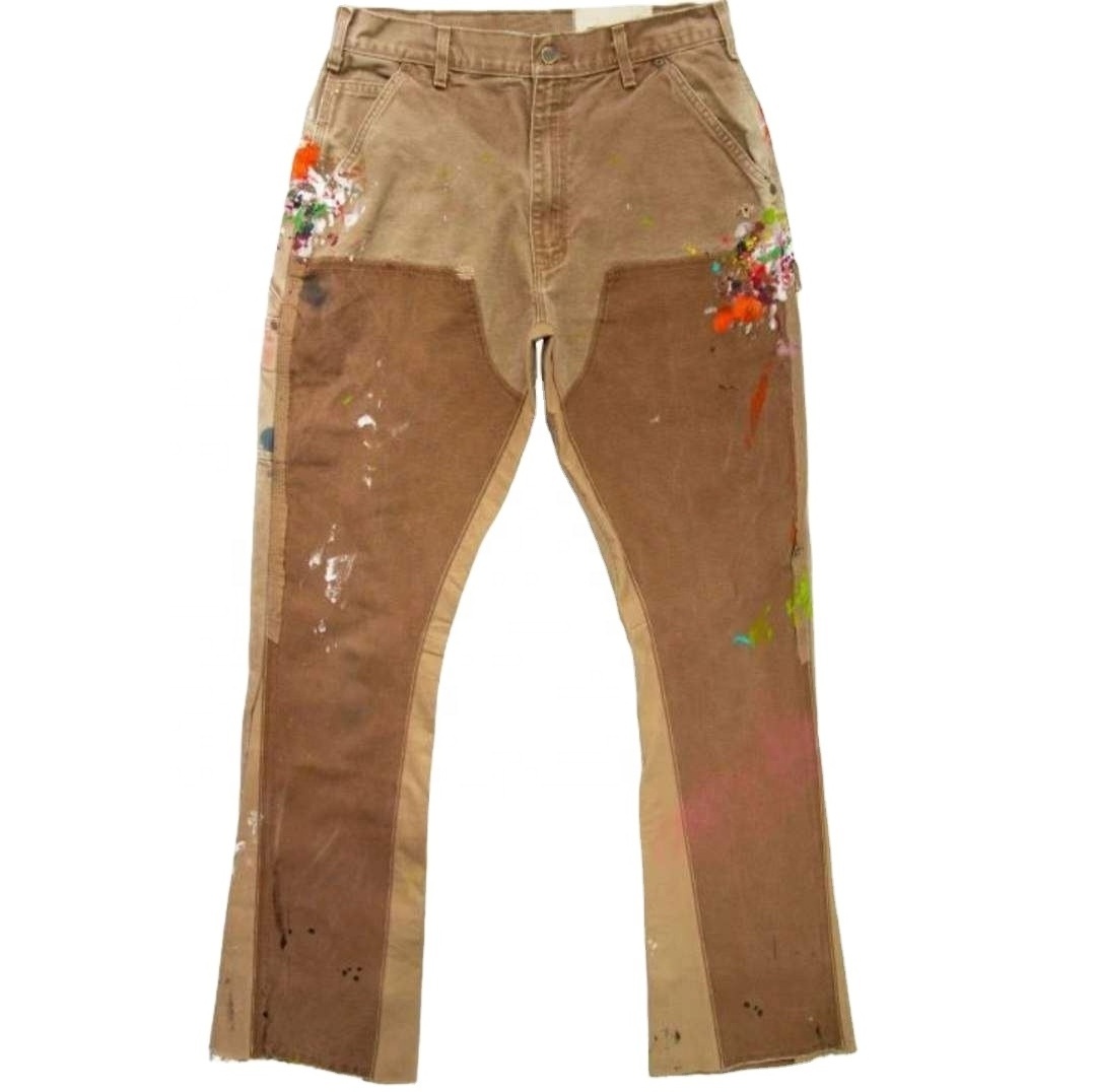 Streetstyle Custom mens brown flared jeans with splatter paint