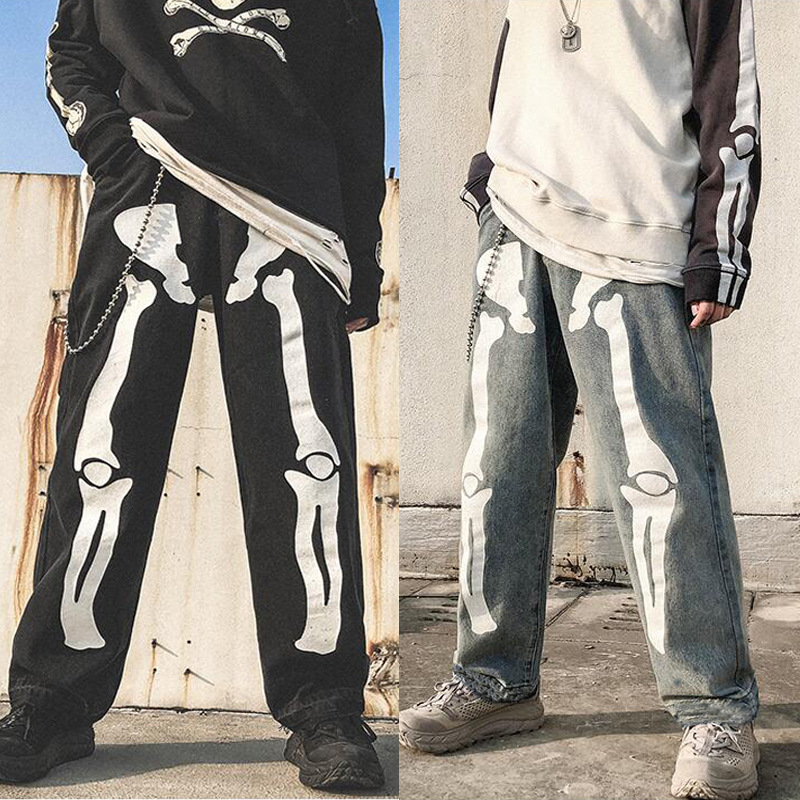 Human Skeleton Skinny Jeans Men flocking Pants For Mens applique Hallowmas Slim Fit Denim Original Men Trousers