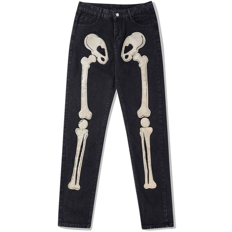 Human Skeleton Skinny Jeans Men flocking Pants For Mens applique Hallowmas Slim Fit Denim Original Men Trousers